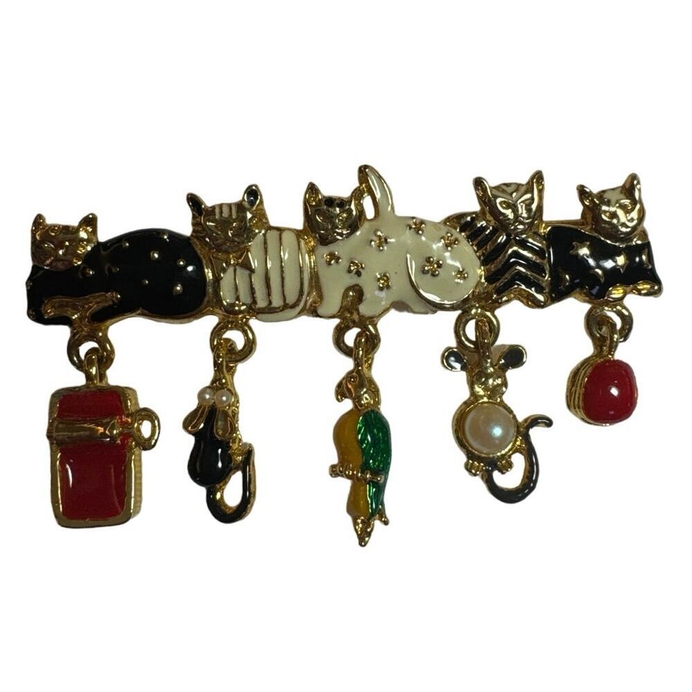 Vintage Cat Brooch, Cat Lovers Jewelry, Gold Tone 5 Cats with Dangling Toys